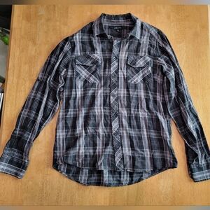 EUC CJ Black gray plaid long sleeve button up shirt